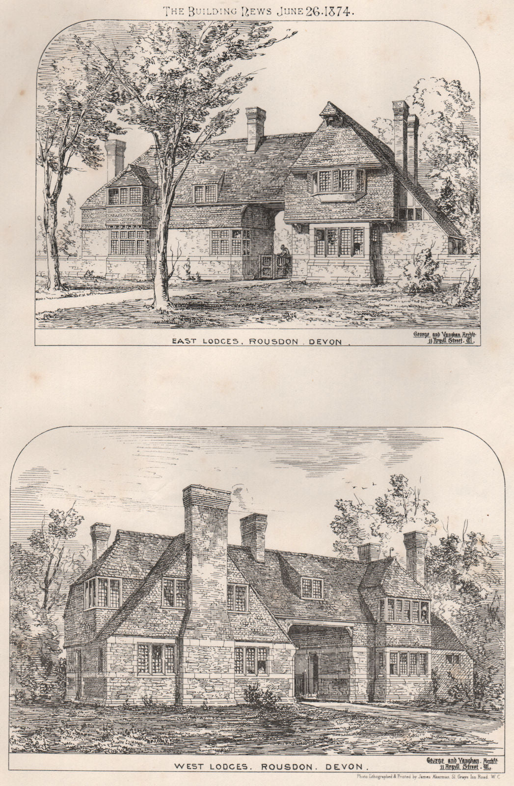 West & east lodges, Rousdon, Devon; George & Vaughan Architects 1874 old print